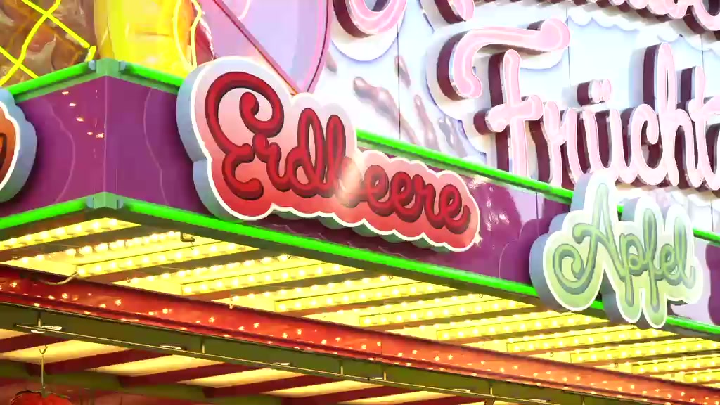Neon-Schriftzug Erdbeere · Früchte · Apfel am Stand